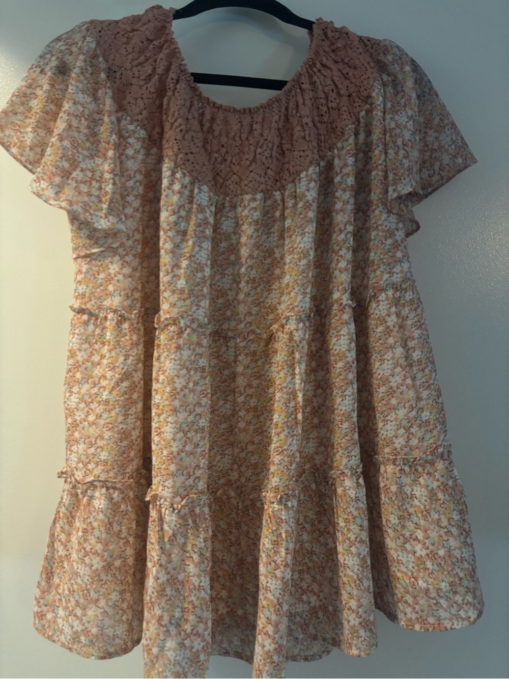 Women’s ' Floral Peach Tiered Dress with Crochet Yoke